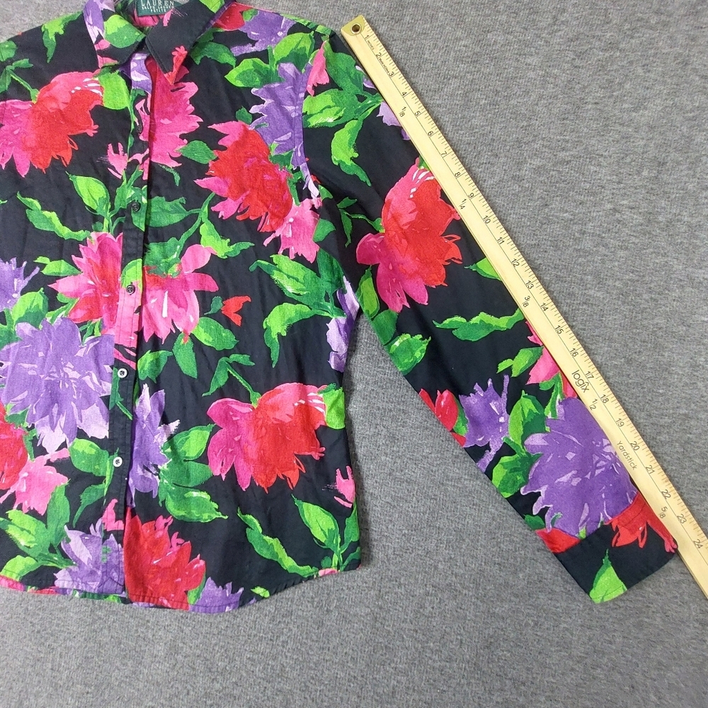 LAUREN RALPH LAUREN WOMENS BLACK MULTICOLORED FLORAL BUTTON FRONT SHIRT SIZE PL - Picture 2 of 6